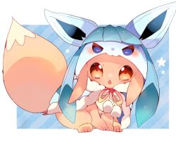  blue_background brown_eyes brown_ribbon capelet chestnut_mouth cosplay creatures_(company) diagonal_stripes eevee fluffy full_body fur-trimmed_capelet fur_trim game_freak gen_1_pokemon gen_4_pokemon glaceon glaceon_(cosplay) highres hood hooded_capelet looking_at_viewer nintendo open_mouth pokemon pokemon_(creature) ribbon simple_background sitting solo star_(symbol) striped yupo_0322  rating:General score:5 user:danbooru