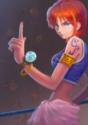  1girl absurdres arm_tattoo armlet bare_shoulders blue_eyes bracelet chinese_commentary closed_mouth commentary_request food fruit highres holding holding_polearm holding_weapon index_finger_raised jewelry log_pose mandarin_orange mixed-language_commentary nail_polish nami_(one_piece) one_piece orange_hair polearm purple_nails short_hair sleeveless smile solo tattoo weapon wzt0610  rating:General score:5 user:danbooru