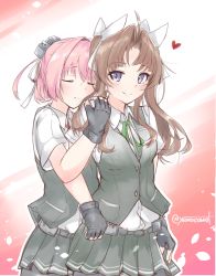2girls ahoge bad_id bad_pixiv_id belt black_gloves black_legwear blush bow brown_hair buttons closed_eyes closed_mouth collared_shirt couple cowboy_shot female_focus fingerless_gloves gloves green_ribbon grey_skirt grey_vest hair_bow hair_intakes hair_ribbon hand_on_another&#039;s_shoulder hand_up heart highres kagerou_(kancolle) kantai_collection looking_at_viewer looking_to_the_side miniskirt multiple_girls neck_ribbon outline pantyhose pink_hair ponytail purple_eyes red_ribbon remodel_(kantai_collection) ribbon school_uniform shiranui_(kancolle) shirt short_sleeves skirt smile twintails vest white_bow white_outline white_ribbon white_shirt wing_collar yamacarrot yuri rating:General score:7 user:danbooru