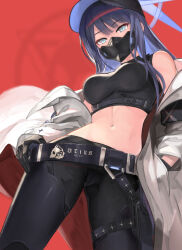  1girl baseball_cap belt black_gloves black_hair black_pants blue_archive blue_eyes coat colored_inner_hair commentary_request gloves hair_between_eyes halo hat holster long_hair long_sleeves looking_at_viewer mask mouth_mask multicolored_hair navel open_clothes open_coat pants red_background saori_(blue_archive) sidelocks simple_background solo stomach taba_comya tank_top thigh_belt thigh_strap two-tone_hair white_coat wide_sleeves 