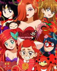  1990s_(style) 3boys 6+girls :d animification aqua_eyes ariel_(disney) bishoujo_senshi_sailor_moon black_hair blue_eyes blue_hair bodysuit breasts brenni_murasaki brown_eyes choker circlet cleavage closed_mouth collarbone color_connection colored_skin courtney_(dead_end:_paranormal_park) crossover dead_end:_paranormal_park domino_mask earrings eyeshadow gloves grin hair_ornament hairclip highres him_(powerpuff_girls) hino_rei jessica_rabbit jewelry jumping knuckles_the_echidna ladybug_(character) large_breasts lipstick makeup marinette_dupain-cheng mario mario_(series) mask meilin_lee meme miraculous_ladybug multiple_boys multiple_crossover multiple_girls neon_genesis_evangelion nintendo open_mouth orange_hair plugsuit powerpuff_girls pucca pucca_(cartoon) purple_eyeshadow red_bodysuit red_choker red_hair red_shirt red_skin red_theme retro_artstyle sailor_mars shirt smile sonic_(series) souryuu_asuka_langley super_mario_bros._1 the_little_mermaid toon_(style) turning_red ugandan_knuckles white_gloves who_framed_roger_rabbit 
