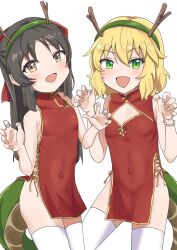  absurdres armlet bare_shoulders black_hair blonde_hair bow bracelet breasts brown_eyes china_dress chinese_clothes chinese_zodiac covered_navel dragon_horns dragon_tail dress fake_horns fake_tail green_eyes green_tail highres horns idolmaster idolmaster_cinderella_girls jewelry long_hair merlt no_bra no_panties open_mouth pearl_bracelet pelvic_curtain red_bow sakurai_momoka short_hair small_breasts smile tachibana_arisu tail thighhighs thighs white_background white_thighhighs year_of_the_dragon 