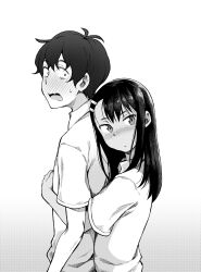  1boy 1girl :/ blush commentary english_commentary from_side geewhy greyscale hachiouji_naoto hair_ornament hairclip highres hug hug_from_behind ijiranaide_nagatoro-san looking_at_viewer monochrome nagatoro_hayase open_mouth polo_shirt sweatdrop  rating:General score:21 user:danbooru