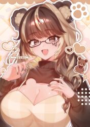  1girl absurdres animal_cutout animal_ears apron bear_ears bear_girl beary_ein braid breasts brown_eyes brown_hair brown_nails brown_sweater cleavage cleavage_cutout clothing_cutout commission earrings fang glasses hand_on_own_chest heart highres indie_virtual_youtuber jewelry long_hair multicolored_hair open_mouth paw_print semi-rimless_eyewear sics_(666daisuchan) skeb_commission solo streaked_hair stuffed_animal stuffed_toy sweater teddy_bear turtleneck turtleneck_sweater two-tone_hair upper_body virtual_youtuber yellow_apron 