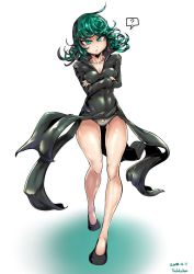  1girl 2018 black_dress black_footwear breasts closed_mouth collarbone crossed_arms dress female_focus frown green_eyes green_hair highres long_hair long_sleeves looking_at_viewer medium_breasts one-punch_man panties redchicken shiny_clothes shiny_skin shoes solo standing tatsumaki thick_thighs thighs underwear walking white_panties  rating:Questionable score:18 user:Qayinjugo