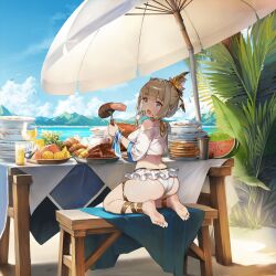  1girl artist_request ass barefoot beach beach_umbrella bench bikini bird blonde_hair blue_eyes blush breasts brown_dust_2 cloud cloudy_sky crop_top cup eyebrows_hidden_by_hair foliage food food_on_face fork frilled_bikini frills fruit full_body game_cg hair_between_eyes hair_ornament ham highres holding holding_fork juice justia_(brown_dust) justia_(pool_party)_(brown_dust) large_breasts mountainous_horizon official_art open_mouth palm_tree pancake pancake_stack plate seagull seiza shadow shrimp sideboob sitting sky soles solo steak surprised swimsuit third-party_source toes tree umbrella watermelon watermelon_slice white_bikini wooden_bench  rating:Sensitive score:8 user:danbooru