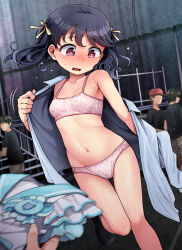  1girl 1other 3boys absurdres backstage blue_hair bra breasts collarbone dark_blue_hair etokakaitari faceless faceless_male fukumaru_koito groin hair_ribbon highres idolmaster idolmaster_shiny_colors looking_down multiple_boys navel open_clothes open_shirt panties pink_bra pink_panties ribbon small_breasts standing standing_on_one_leg stomach sweat twintails underwear undressing 