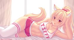 1girl :p animal_ears blonde_hair blush breasts cat_ears cat_tail cleavage collarbone commentary english_commentary highres large_breasts long_hair looking_at_viewer lying midriff navel nottytiffy on_side original ponytail red_eyes short_shorts shorts slit_pupils solo sports_bra tail thighhighs tiffy_(nottytiffy) tongue tongue_out watermark web_address white_thighhighs rating:Sensitive score:107 user:danbooru