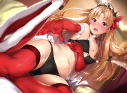 1girl animal bare_shoulders black_bra black_panties blonde_hair blush bra breast_hold breasts choker christmas cleavage collarbone earrings elbow_gloves embarrassed ereshkigal_(fate) fate/grand_order fate_(series) fingernails fur-trimmed_gloves fur_trim gloves hair_ribbon highres indoors jewelry long_fingernails long_hair medium_breasts navel nironiro nose_blush on_bed open_mouth outstretched_arm panties parted_bangs perspective pillow pom_pom_(clothes) reclining red_choker red_eyes red_gloves red_ribbon red_thighhighs reindeer ribbon solo stomach thighhighs thighs tiara tohsaka_rin twintails two_side_up underwear underwear_only wavy_mouth rating:Questionable score:74 user:danbooru