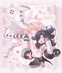  2girls absurdres ahoge angel_and_devil angel_wings animal_print arm_warmers asymmetrical_legwear bandaid bandaid_on_face bandaid_on_nose black_hair black_nails black_thighhighs black_wings blonde_hair boots bow child chuckdaidai commission demon_wings detached_sleeves fang feathered_wings fishnets gloves grey_eyes hair_bow hair_ornament hairclip hand_up hat heart heart_ahoge heart_hair_ornament highres horns hug imminent_hug leg_warmers legs_up long_sleeves looking_at_viewer looking_back low_wings midair mismatched_legwear multiple_girls one_eye_closed open_mouth original pantyhose paw_pose pink_background pink_bow pink_thighhighs pointy_ears short_twintails shorts skin-covered_horns skin_fang skirt sleeves_past_fingers sleeves_past_wrists smile star_(symbol) striped_clothes striped_thighhighs thighhighs twintails white_eyes white_footwear white_hat white_thighhighs white_wings wings x_hair_ornament 