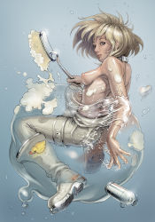 1girl bad_id bad_pixiv_id bath bathing bird blonde_hair boots breasts bubble collar duck lion12 looking_back original rubber_duck soap solo surreal topless water wet zero_gravity rating:Questionable score:18 user:danbooru