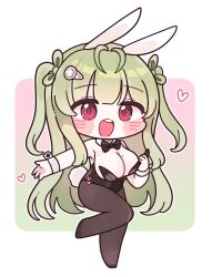  1girl :d animal_ears antenna_hair black_bow black_bowtie black_leotard blush_stickers bowtie breasts brown_pantyhose chibi detached_collar fake_animal_ears fake_tail full_body goddess_of_victory:_nikke green_hair heart heart_antenna_hair large_breasts leotard long_hair mming_(mmingis18) mole mole_on_breast open_mouth pantyhose pink_eyes playboy_bunny rabbit_ears rabbit_tail smile soda_(nikke) soda_(twinkling_bunny)_(nikke) solo standing standing_on_one_leg strapless strapless_leotard tail twintails wrist_cuffs 