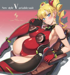  1girl armband bare_shoulders blonde_hair blue_eyes blush breasts cameltoe chair character_name claire_harvey cleavage cleft_of_venus covered_erect_nipples covered_navel dark_nipples drill_hair earrings gloves glowing hair_between_eyes highres hundred_(light_novel) jewelry large_breasts leg_up leotard long_hair looking_at_viewer nipples nude_filter ookuma_nekosuke parted_lips pregnant red_leotard shiny_clothes shiny_skin sitting skin_tight solo sweat teeth text_focus thighhighs third-party_edit twin_drills  rating:Explicit score:88 user:zzz