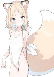  1girl :o absurdres animal_ear_fluff animal_ears antenna_hair arm_behind_back blonde_hair blue_eyes blush cameltoe casual_one-piece_swimsuit collarbone covered_navel dot_nose flat_chest fox_ears fox_girl fox_tail gingerbullet halterneck highleg highleg_swimsuit highres looking_at_viewer medium_hair one-piece_swimsuit original parted_bangs simple_background solo swimsuit tail thighs white_background white_one-piece_swimsuit 