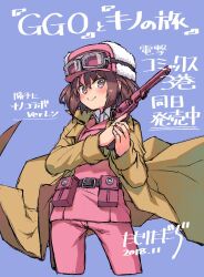 1girl adapted_costume alternate_color artist_name belt belt_buckle belt_pouch blue_background blush bob_cut breasts bright_pupils brown_belt brown_coat brown_eyes brown_hair buckle closed_mouth coat collared_shirt commentary copyright_name cosplay cropped_legs dated dress_shirt floating_clothes fur_hat goggles goggles_on_headwear gun hair_between_eyes handgun hat highres holding holding_gun holding_weapon jacket kino_(kino_no_tabi) kino_(kino_no_tabi)_(cosplay) kino_no_tabi llenn_(sao) long_coat looking_at_viewer pants pink_hat pink_jacket pink_pants pink_weapon pouch promotional_art revolver shirt short_hair simple_background small_breasts smile solo standing sword_art_online sword_art_online_alternative:_gun_gale_online tamori_tadaji thigh_gap translated trigger_discipline two-handed two-handed_handgun_grip ushanka v-shaped_eyebrows weapon weapon_request white_pupils white_shirt wind