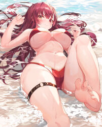  1girl absurdres bare_arms bare_shoulders barefoot bikini breasts breasts_apart caustics duplicate feet foreshortening hair_spread_out hand_up heterochromia highres hololive houshou_marine houshou_marine_(summer) large_breasts leg_up long_hair looking_at_viewer lying munseonghwa navel o-ring o-ring_thigh_strap official_alternate_costume on_back pixel-perfect_duplicate red_bikini red_eyes red_hair smile soles solo stomach string_bikini swimsuit thigh_strap thighs toenails toes underboob virtual_youtuber water wet yellow_eyes  rating:Questionable score:60 user:danbooru