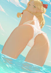  1girl absurdres ass back bent_over bikini blonde_hair blue_sky blush braid cameltoe closed_mouth cloud cloudy_sky day dungeon_meshi elf from_behind gravity-q green_eyes hair_around_ear hair_ribbon highres horizon leaning_forward long_hair looking_at_viewer looking_back marcille_donato ocean outdoors pointy_ears ribbon sky solo standing swimsuit wading water wet white_bikini  rating:Sensitive score:51 user:danbooru