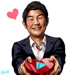  1boy asian black_eyes black_hair black_jacket blurry blurry_foreground blush box buru-dai collared_shirt commentary commentary_request dress_shirt english_commentary fingernails gift heart heart-shaped_box holding holding_gift hololive incoming_gift jacket lapels long_sleeves looking_at_viewer male_focus mixed-language_commentary outstretched_arms parted_lips realistic shirt short_hair signature simple_background smile solo straight-on suit_jacket teeth upper_body valentine white_background white_shirt yagoo 