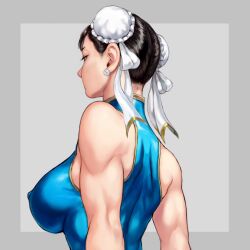  1girl breasts capcom chun-li covered_erect_nipples earrings facing_away jewelry large_breasts mikanntter nipple_visible_through_shirt nipples shirt sketch solo street_fighter 