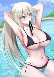  1girl absurdres bikini black_bikini blue_eyes blush bow braid breasts breasts_out cleavage fate/grand_order fate_(series) french_braid grey_hair hair_bow half_up_braid highres homeabout large_breasts long_hair looking_at_viewer morgan_le_fay_(fate) mouth_hold navel nipples nude ponytail sidelocks solo swimsuit thighs very_long_hair 
