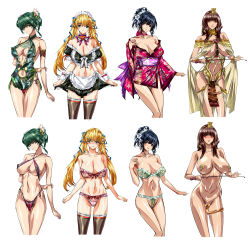 4girls bare_shoulders bell black_hair blonde_hair blue_hair blush bra breasts brown_eyes brown_hair china_dress chinese_clothes choker cleavage covered_erect_nipples detached_collar dress egypt egyptian egyptian_clothes flower green_eyes green_hair hair_bell hair_bun hair_ornament halterneck heart highres horse_whip japanese_clothes jewelry kimono lace lace-trimmed_panties lace_trim large_breasts lingerie long_hair looking_at_viewer maid midriff multiple_girls no_bra no_panties original panties pantyshot pasties q_azieru red_eyes revealing_clothes ribbon shiny_clothes shiny_skin short_hair side-tie_panties simple_background skirt standing thighhighs twintails underboob underwear underwear_only white_background rating:Questionable score:183 user:danbooru