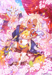  2girls age_of_ishtaria animal_ears blonde_hair cherry_blossoms clothing_cutout copyright_notice dango dark_skin dated_commentary eating fang food gradient_hair grey_hair hair_ornament highres holding holding_food horns komainu_(age_of_ishtaria) looking_at_viewer multicolored_hair multiple_girls munlu_(wolupus) navel navel_cutout official_art oil-paper_umbrella open_mouth outdoors purple_eyes purple_hair rope sanshoku_dango shimenawa shishi_(age_of_ishtaria) single_horn thighhighs umbrella wagashi white_thighhighs yellow_eyes 