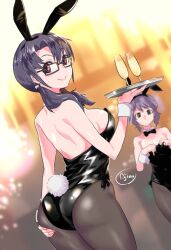  2girls ajino_(sakanahen) alcohol animal_ear_hairband animal_ears ass back bare_shoulders black-framed_eyewear black_bow black_bowtie black_hair black_hairband black_leotard blurry blurry_background blush bow bowtie breasts champagne champagne_flute closed_mouth collar collarbone cup detached_collar drinking_glass fake_animal_ears fake_tail flat_chest flying_sweatdrops from_behind grey_pantyhose hair_tie hairband hand_on_own_ass hand_up holding holding_tray idolmaster idolmaster_million_live! idolmaster_million_live!_theater_days leotard long_hair looking_at_viewer looking_back low_twintails makabe_mizuki medium_breasts multiple_girls pantyhose playboy_bunny purple_hair rabbit_ear_hairband rabbit_ears rabbit_tail red_eyes short_hair shy sideboob sidelocks signature smile strapless strapless_leotard tail takayama_sayoko tray twintails wavy_hair white_collar white_wrist_cuffs wrist_cuffs yellow_eyes 