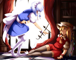  2girls ascot back_bow black_thighhighs blonde_hair blue_hair blue_skirt blue_vest book bookshelf bow breasts broken_window checkered_floor closed_mouth collared_shirt curtains flandre_scarlet from_side full_body hair_between_eyes hat hat_ribbon high_heels huge_bow indoors izayoi_sakuya large_bow light_blue_hair looking_at_another magukappu maid maid_headdress mask mob_cap multicolored_wings multiple_girls on_floor outstretched_arm pantyhose puffy_short_sleeves puffy_sleeves red_curtains red_eyes red_ribbon ribbon shirt short_sleeves skirt skirt_set small_breasts standing thighhighs touhou vest white_bow white_footwear white_headwear white_mask white_pantyhose white_shirt wings wrist_cuffs yellow_ascot 