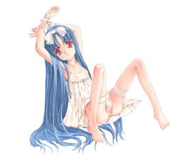  1girl arms_behind_back bare_shoulders blue_hair camisole clothes_lift crossed_arms dress dress_lift expressionless flat_chest full_body garter_belt loli long_hair looking_to_the_side lying open_mouth original petite pussy pussy_peek reclining red_eyes ribbon see-through thigh_strap very_long_hair white_background white_ribbon yunoka_gashu 