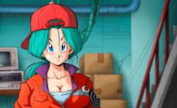  1girl blue_eyes box breasts bulma capsule_corp cleavage closed_mouth computer dragon_ball dragonball_z earrings female_focus future_bulma green_hair grin hair_between_eyes hat highres indoors jacket jewelry large_breasts long_hair looking_at_viewer low_ponytail mature_female smile solo stairs upper_body wrench yamamoto_doujin  rating:Sensitive score:63 user:Ynyswydryn