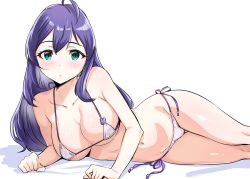  1girl absurdres ahoge aqua_eyes bare_arms bare_legs bare_shoulders bikini blush breasts cleavage collarbone commentary cowboy_shot dot_nose double-parted_bangs eyelashes hair_over_shoulder highres idolmaster idolmaster_million_live! idolmaster_million_live!_theater_days large_breasts long_hair looking_at_viewer lying micro_bikini mochizuki_anna navel on_side parted_lips purple_hair rabbit_ornament side-tie_bikini_bottom sidelocks simple_background solo straight_hair swimsuit symbol-only_commentary takahiro_(crimson_bolt) white_background 