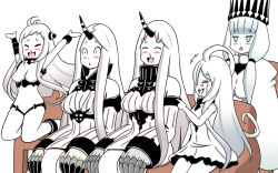  5girls abyssal_ship airfield_princess blood blue_eyes blush_stickers breasts claws cleavage cleavage_cutout clothing_cutout colored_skin crying detached_sleeves dress hat horns jitome kantai_collection leotard medium_breasts multiple_girls northern_water_princess nosebleed open_mouth pointing ribbed_dress roshiakouji-chan seaport_princess seaport_water_oni sidelocks single_horn smile streaming_tears submarine_princess tears white_dress white_hair white_skin 