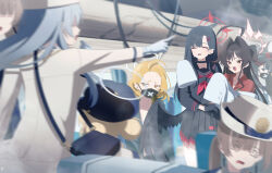  6+girls absurdres ahoge battery_indicator black_choker black_gloves black_hair black_hat black_horns black_sailor_collar black_serafuku black_skirt black_wings blonde_hair blue_archive blunt_bangs blush choker closed_eyes coat collared_shirt commentary_request demon_horns feathered_wings gloves grey_hair hair_intakes halo hat highlander_railway_academy_student_(blue_archive) highlander_railway_academy_student_(hg)_(blue_archive) highlander_railway_academy_student_(mg)_(blue_archive) highres horns ichika_(blue_archive) kaerunrun kasumi_(blue_archive) lab_coat long_hair long_sleeves looking_at_another multiple_girls neckerchief open_mouth parted_bangs pleated_skirt pointing recording red_halo red_neckerchief red_shirt revision sailor_collar school_uniform serafuku shirt sidelocks skirt sleeves_past_fingers sleeves_past_wrists sukeban_(mg)_(blue_archive) sukeban_(smg)_(blue_archive) train_interior viewfinder white_coat white_gloves white_hat wings yellow_eyes 