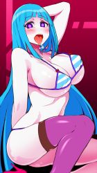  1girl bikini blue_hair blush breasts drooling highres large_breasts long_hair looking_at_viewer me!me!me! meme_(me!me!me!) navel open_mouth purple_eyes roki_(hirokix) saliva smile solo striped_bikini striped_clothes swimsuit thighhighs tongue tongue_out very_long_hair  rating:Sensitive score:111 user:danbooru