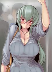 1girl against_glass aged_up arm_up bag bespectacled blush breast_press breasts breasts_on_glass casual cleavage glasses green_hair handbag large_breasts long_hair red_eyes rozen_maiden silver_hair solo subway suigintou sweat train train_interior tsuda_nanafushi wavy_mouth rating:Sensitive score:42 user:loplop