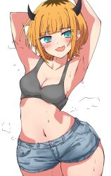  1girl aqua_eyes arm_behind_head armpits arms_up blonde_hair blunt_bangs blush breasts cleavage collarbone commentary_request curvy demon_horns denim denim_shorts dripping fang flying_sweatdrops grey_sports_bra highres horns looking_at_viewer mem-cho navel open_mouth oshi_no_ko short_hair short_shorts shorts sidelocks simple_background skin_fang small_breasts smile solo sports_bra steam steaming_body stomach sweat thighs uriumi_sub white_background wide_hips 