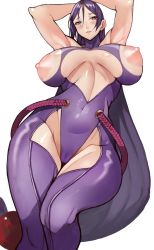  1girl absurdres armpits arms_up bare_shoulders blush bodysuit breasts cameltoe collarbone covered_navel fate_(series) hair_between_eyes highres large_breasts long_hair minamoto_no_raikou_(fate) nipples parted_lips purple_eyes purple_hair shiny_skin simple_background skin_tight solo torn_clothes turtleneck very_long_hair white_background yoshio_(55level)  rating:Explicit score:109 user:danbooru