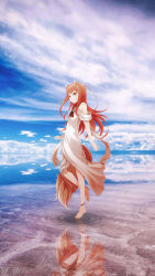  1girl absurdres animal_ears bare_shoulders barefoot blue_sky brown_hair cloud day dress highres holo long_hair looking_at_viewer outdoors red_eyes reflection sky smile solo spice_and_wolf tail water white_dress wolf_ears wolf_girl wolf_tail xia_xiao 