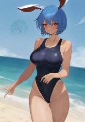  1girl absurdres aged_up beach blue_one-piece_swimsuit blue_sky bob_cut breasts competition_swimsuit highres looking_at_viewer moriforest1040 ocean one-piece_swimsuit reisen_(touhou_bougetsushou) short_hair sideboob sky solo swimsuit thighs touhou wet wet_clothes wet_swimsuit 