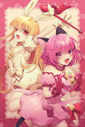  2girls animal_ears armpit_peek bare_shoulders bell blonde_hair border breasts cat_ears cat_tail choker collarbone commentary detached_sleeves deviantart_username dress english_commentary fang frilled_choker frilled_dress frilled_sleeves frills gloves heart highres holding holding_heart holding_staff hoshimiya_ichigo ion_(io_nite) leg_up long_hair looking_at_viewer medium_breasts mew_ichigo momomiya_ichigo multiple_girls off-shoulder_dress off_shoulder open_mouth pink_border pink_choker pink_dress pink_eyes pink_gloves pink_hair pink_ribbon pink_sleeves puffy_detached_sleeves puffy_sleeves rabbit_ears ribbon short_hair small_breasts smile staff tail tokyo_mew_mew twitter_username wavy_hair white_background white_dress white_ribbon white_sleeves 