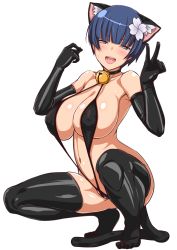 &gt;:d 10s 1girl :d animal_ears bare_shoulders bell black_gloves black_one-piece_swimsuit black_thighhighs blue_eyes blue_hair blunt_bangs blush breasts cat_ears cleavage collar collarbone covered_erect_nipples elbow_gloves flower full_body gloves hair_flower hair_ornament half-closed_eyes highres huge_breasts jingle_bell large_breasts legs legs_apart looking_at_viewer naughty_face navel neck_bell no_shoes one-piece_swimsuit open_mouth round_teeth senran_kagura shiny_skin short_hair simple_background slingshot_swimsuit smile solo squatting stomach strap_gap swimsuit teeth thighhighs thighs tongue tongue_out tsurime v v-shaped_eyebrows wantsupanchi!! white_background yozakura_(senran_kagura) rating:Questionable score:48 user:danbooru