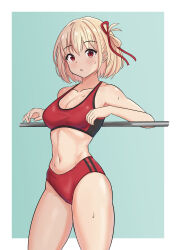  1girl :o absurdres bare_shoulders blonde_hair bob_cut border breasts buruma cleavage collarbone cowboy_shot hair_ribbon highres kurofuro large_breasts leaning_on_object looking_at_viewer lycoris_recoil navel nishikigi_chisato one_side_up open_mouth red_buruma red_eyes red_ribbon red_sports_bra ribbon short_hair solo sports_bra sportswear stomach sweat thighs white_border  rating:Sensitive score:82 user:danbooru
