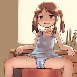 1girl aaaa_(quad-a) arm_support bad_id bad_pixiv_id bare_shoulders blush brown_eyes brown_hair cameltoe collarbone desk indoors legs loli long_hair looking_at_viewer naughty_face open_mouth original panties presenting pussy_juice pussy_juice_drip_through_clothes pussy_juice_stain sitting smile smug solo spread_legs stained_panties striped_clothes striped_panties sweat tank_top thighs twintails underwear wet wet_clothes wet_panties rating:Explicit score:384 user:danbooru