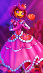  14-bis 1girl @_@ candy candy_girl crown dress food glitch_productions gloves lollipop long_eyelashes pink_dress pink_gloves pink_hair princess_loolilalu sprinkles swirl_lollipop the_amazing_digital_circus  rating:General score:0 user:accountnumber102