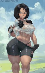 1girl bike_shorts black_hair black_shorts blue_eyes blush breasts cloud cloudy_sky curvy cutesexyrobutts day dragon_ball dragonball_z fingerless_gloves gloves highres long_hair medium_breasts navel nipples see-through shorts sky solo standing sweat thigh_gap thighs twintails videl wide_hips rating:Questionable score:188 user:danbooru