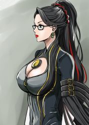  1girl amulet anbj arm_belt bayonetta bayonetta_(cosplay) bayonetta_(series) black-framed_eyewear black_hair blue_eyes breasts buckle cleavage cleavage_cutout clothing_cutout commentary cosplay covered_navel earrings executive_mishiro glasses hair_pulled_back hair_ribbon high_ponytail idolmaster idolmaster_cinderella_girls jewelry large_breasts long_hair looking_to_the_side red_lips red_ribbon ribbon solo tanaka_atsuko voice_actor_connection 