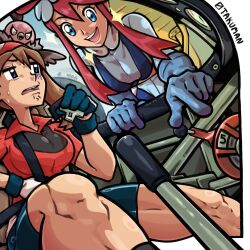 2girls artist_name bike_shorts blue_eyes breasts brown_hair creatures_(company) game_freak gloves highres large_breasts legs may_(pokemon) multiple_girls nintendo open_mouth pointing pokemon red_hair shirt short_hair sitting skyla_(pokemon) smile sweatdrop thick_thighs thighs turn_pale