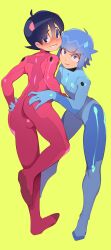  1boy 1girl absurdres ahoge ass ass_grab ass_squeeze assisted_exposure blue_eyes blue_hair bodysuit breasts bulge combos_&amp;_doodles cosplay embarrassed glaring highres hinata_fuyuki interface_headset keroro_gunsou looking_at_viewer looking_over_shoulder neon_genesis_evangelion nishizawa_momoka on_one_leg plugsuit short_hair skin_tight small_breasts smile standing  rating:Questionable score:35 user:keroro623
