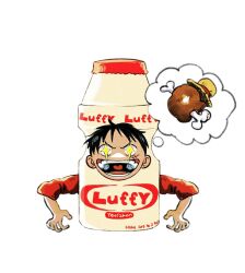  1boy black_hair boned_meat character_name drink english_text facial_scar food foodification hat highres image_in_thought_bubble male_focus meat monkey_d._luffy one_piece scar scar_on_cheek scar_on_face short_hair simple_background smile solo sparkling_eyes straw_hat upper_body white_background yakult yaoizhen 