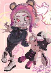  absurdres animal_ears bear_ears black_hair black_jumpsuit black_shirt bow-shaped_hair callie_(splatoon) food food_on_head highres inkling jumpsuit koyomi_yamai long_hair nintendo object_on_head octoling octoling_girl octoling_player_character open_mouth pantyhose pink_hair pink_pantyhose red_eyes shirt short_jumpsuit signature splatoon_(series) splatoon_1 splatoon_2 squid suction_cups sushi teeth tentacle_hair 